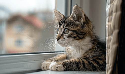 小猫看着窗外街上的猫