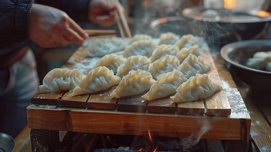 厨房板子上的饺子摄影照片