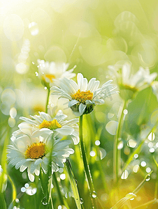 绿色草地上美丽的雏菊花与水滴