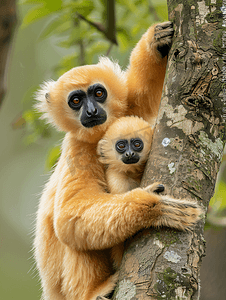 长臂猿和幼崽在树上
