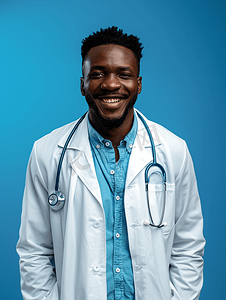 竣工验收摄影照片_身穿大衣和听诊器的非洲帅哥医生在蓝色背景上微笑