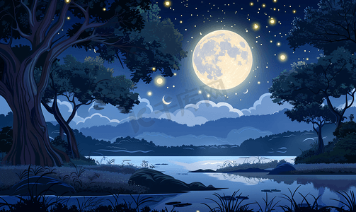 家人社区场景摄影照片_夜晚神秘森林湖上的满月