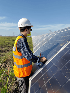 工程师正在检查太阳能发电站的太阳能装置
