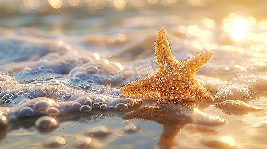 日出时海滩上的海星高清图片