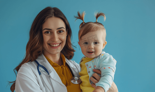 健康生活方式年轻妈妈带着孩子看医生