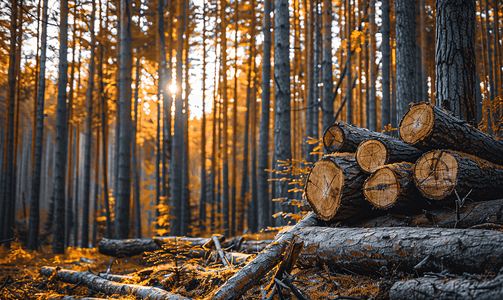 棕色木材摄影照片_森林中堆积的树木原木