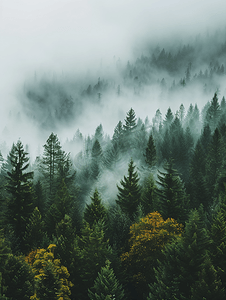 有雾的黑暗的山松树林