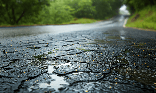道路被雨水打湿路面龟裂且潮湿