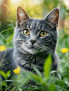 花园里一只眼睛漂亮的可爱灰猫的肖像垂直视图