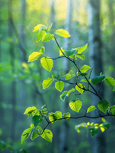 景区视图摄影照片_榛树枝绿叶和模糊的森林