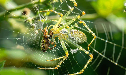 蜘蛛设计摄影照片_这只蜘蛛用它圆形的放射状网捕获了一只蝗虫