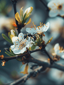 树枝上一只黑蚂蚁盛开的白花的宏观照片