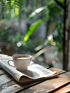 木桌上放着报纸的咖啡杯和种植园背景