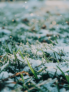 智能手机上草坪上的第一场雪的照片