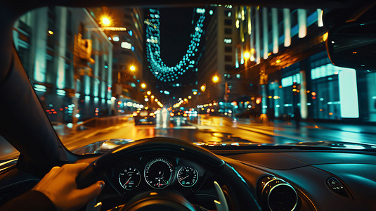 城市夜晚驾驶方向盘摄影照片