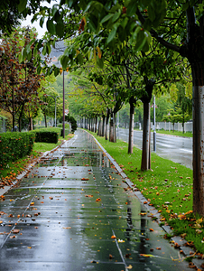 雨后街道上设有自行车道的人行道