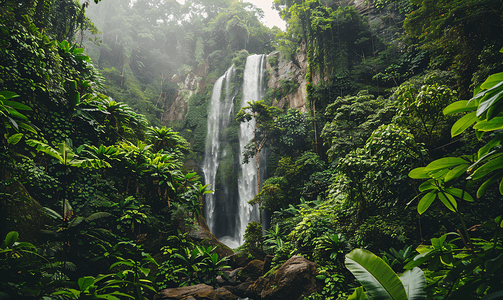 热带森林山上森林里的瀑布
