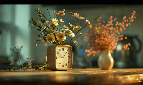 桌上装饰有植物群的数字时钟