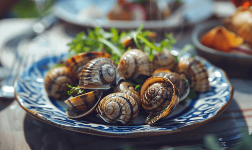 法国咖啡馆盘子里的蜗牛