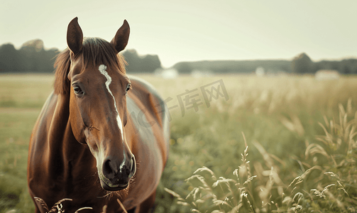 农村动物摄影照片_马场绿色牧场上的马枯草