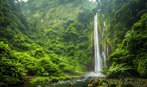热带森林山上森林里的瀑布