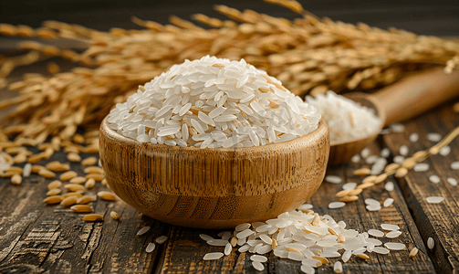 木桌上的白米和水稻种子有机茉莉香米