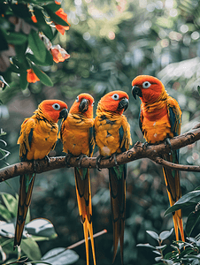 动物园里一群太阳锥尾鹦鹉聚在一起抓着树枝