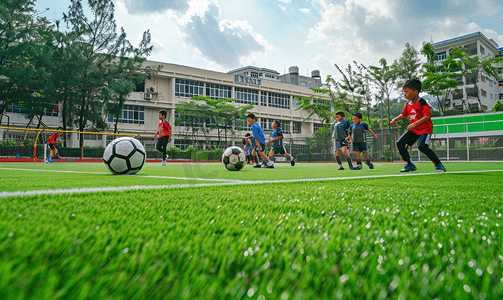 足球运动员们在学校的人造草坪上比赛