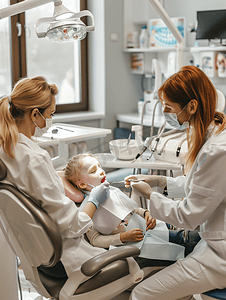 儿科牙医女牙医检查小病人的牙齿