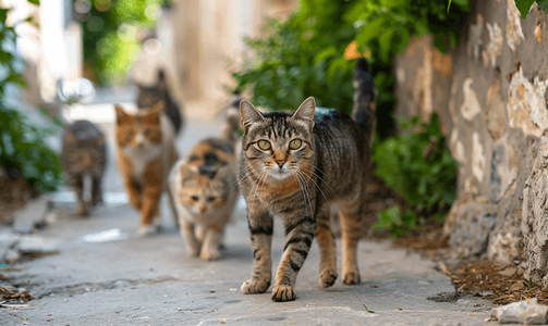 弥散流浪摄影照片_猫沿着墙跑街上的流浪动物