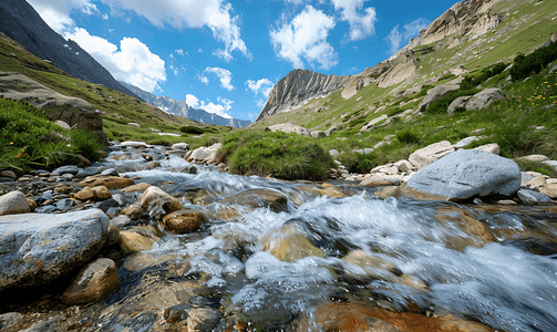 祭扫高峰摄影照片_石头间的山溪流向湖面垂直景观