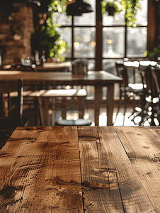 木桌与模糊餐厅复古风格照片