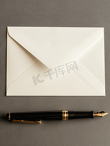 文档边框设计摄影照片_桌上的信封空纸和钢笔