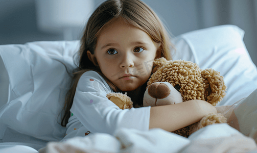 抱玩偶摄影照片_抱着玩偶熊的小女孩生病住院