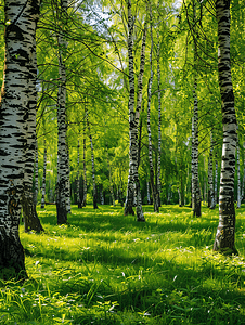 绿色生态环保摄影照片_阳光明媚的夏日绿色树林中的白桦林