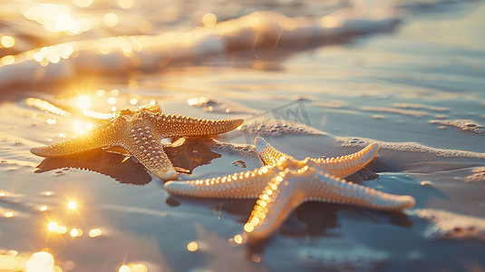 日出时海滩上的海星高清摄影图