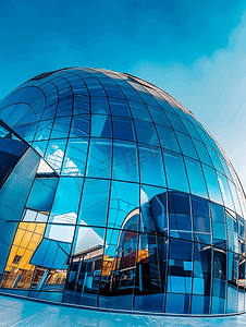 银色球体摄影照片_蓝天反射的玻璃球形现代建筑