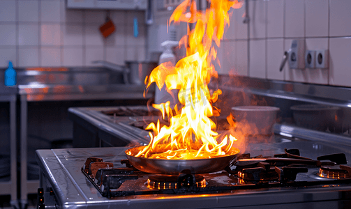 培训学习烹饪教室里的炉子上放着平底锅的煤气火