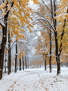 雪树林摄影照片_城市公园树木上的第一场雪的照片