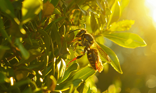 一只大黄蜂躲在树荫下的灌木丛中阳光在背景中闪耀