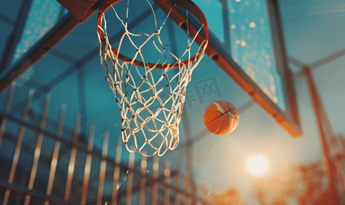 篮球赛战报摄影照片_篮球将穿过体育场的篮筐