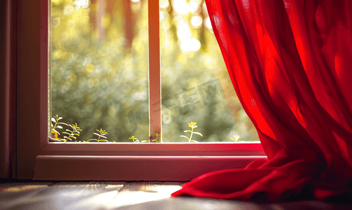 窗台上的放大器和小屋的红色窗帘