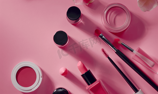 男装新品摄影照片_粉红色背景上的化妆品和美容产品的平铺