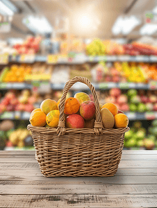 杂货店超市木桌上放着水果的购物篮模糊背景