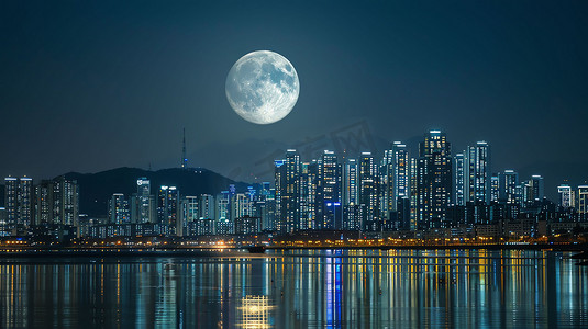 月亮城市灯光江面摄影照片