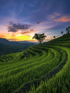 卡通云摄影照片_稻田美丽寂静的夜景