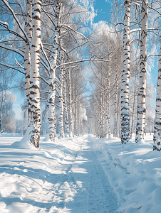 寒冷的冬日白桦林被雪覆盖