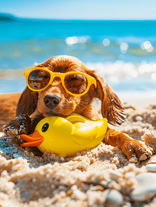 小红书褐色摄影照片_昏昏欲睡的小红鸭狗在海滩上休息