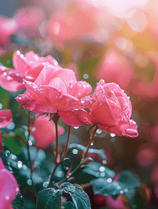 雨中植物摄影照片_花园中粉色玫瑰花的选择性聚焦视图上面有突袭滴