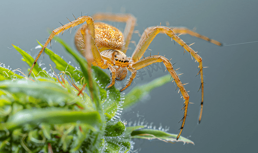 十字蜘蛛沿着蜘蛛丝爬到植物上是昆虫中有用的猎手
